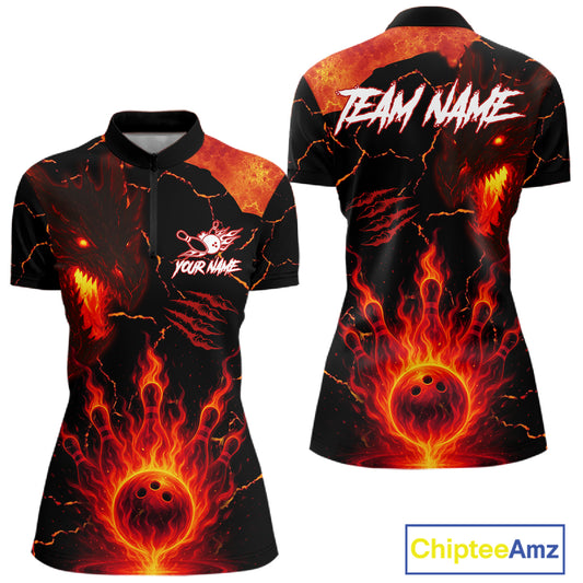 Dragon Flame Bowling Polo, Quarter Zip Shirts For Women Custom Dragon Bowling Team Jerseys NQS11049