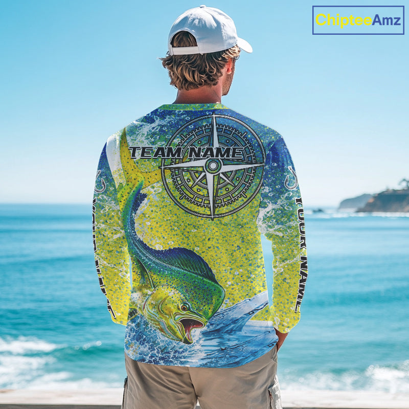 Personalized Mahi Mahi Fishing Shirts Green Scales Compass Performance Tournament Mahi Mahi Jerseys NQS11441