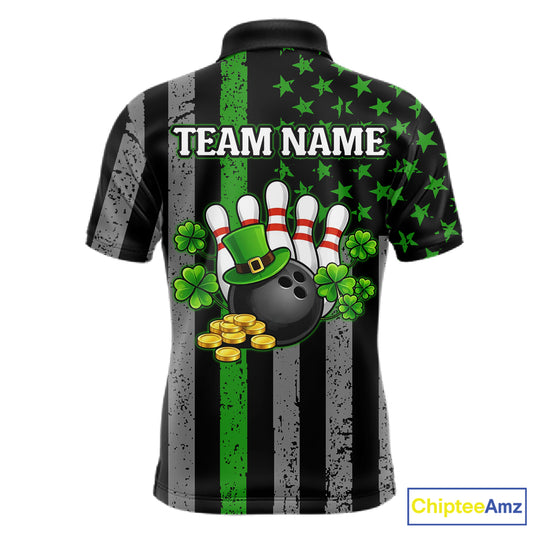 Custom Black Grunge US Flag Patriotic Bowling Shirt For Men Green Shamrock St Patrick Team Jersey NQS11447