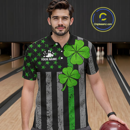 Custom Black Grunge US Flag Patriotic Bowling Shirt For Men Green Shamrock St Patrick Team Jersey NQS11447