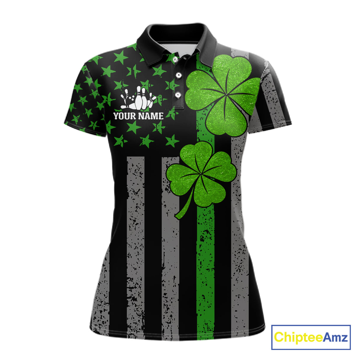 Custom Black Grunge US Flag Patriotic Bowling Shirt For Women Green Shamrock St Patrick Team Jersey NQS11447