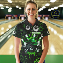 Load image into Gallery viewer, Funny Black and Green Bowling Cowboy gun Women bowling polo, 1/4 zip shirt Custom bowling team jersey NQS10658