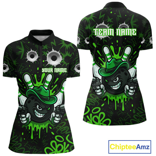 Funny Black and Green Bowling Cowboy gun Women bowling polo, 1/4 zip shirt Custom bowling team jersey NQS10658