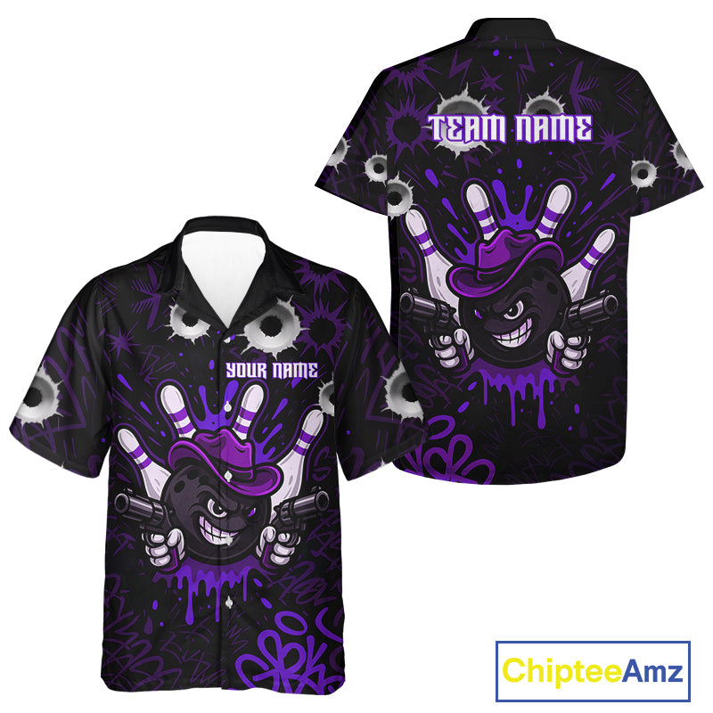 Funny Black and Purple Bowling Cowboy gun Bowling Hawaiian Shirt Custom bowling team button up shirt NQS10659