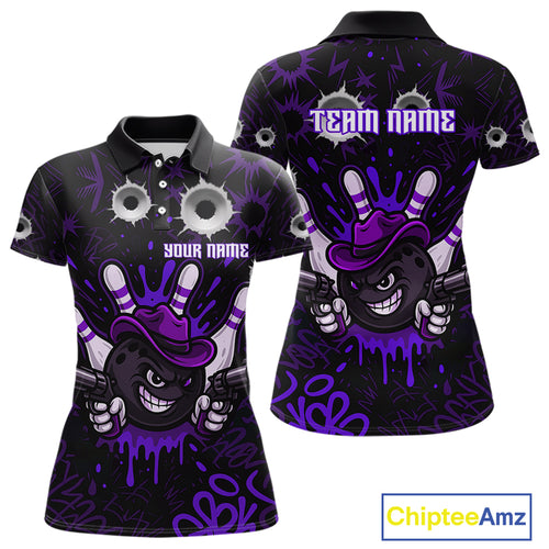 Funny Black & Purple Bowling Cowboy gun Women bowling polo, 1/4 zip shirt Custom bowling team jersey NQS10659
