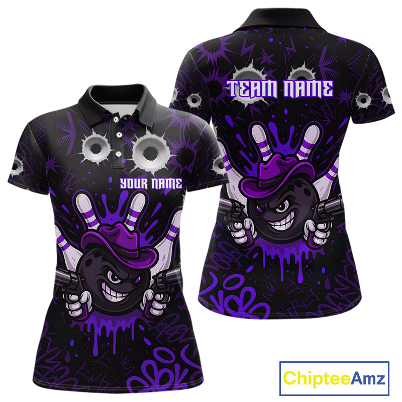 Funny Black & Purple Bowling Cowboy gun Women bowling polo, 1/4 zip shirt Custom bowling team jersey NQS10659
