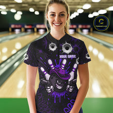 Load image into Gallery viewer, Funny Black &amp; Purple Bowling Cowboy gun Women bowling polo, 1/4 zip shirt Custom bowling team jersey NQS10659