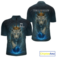 Load image into Gallery viewer, Blue Lightning Thunder Crown White Tiger Bowling Shirts For Men Custom Team Tiger Bowling Jerseys NQS10885