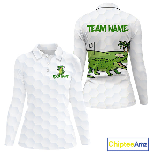 White and Green Funny Alligator Golf Polo Shirts For Women custom ladies golf outfit, golfing gifts NQS10886