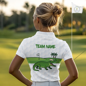 White and Green Funny Alligator Golf Polo Shirts For Women custom ladies golf outfit, golfing gifts NQS10886