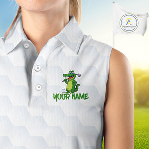 White and Green Funny Alligator Sleeveless Golf Polo Shirt custom ladies golf outfit, golfing gifts NQS10886