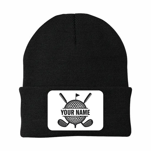 Personalized Golf Knit Beanie Hat, Custom Rectangle Patch Golf Beanie Hat, cool golf gifts NQS10887