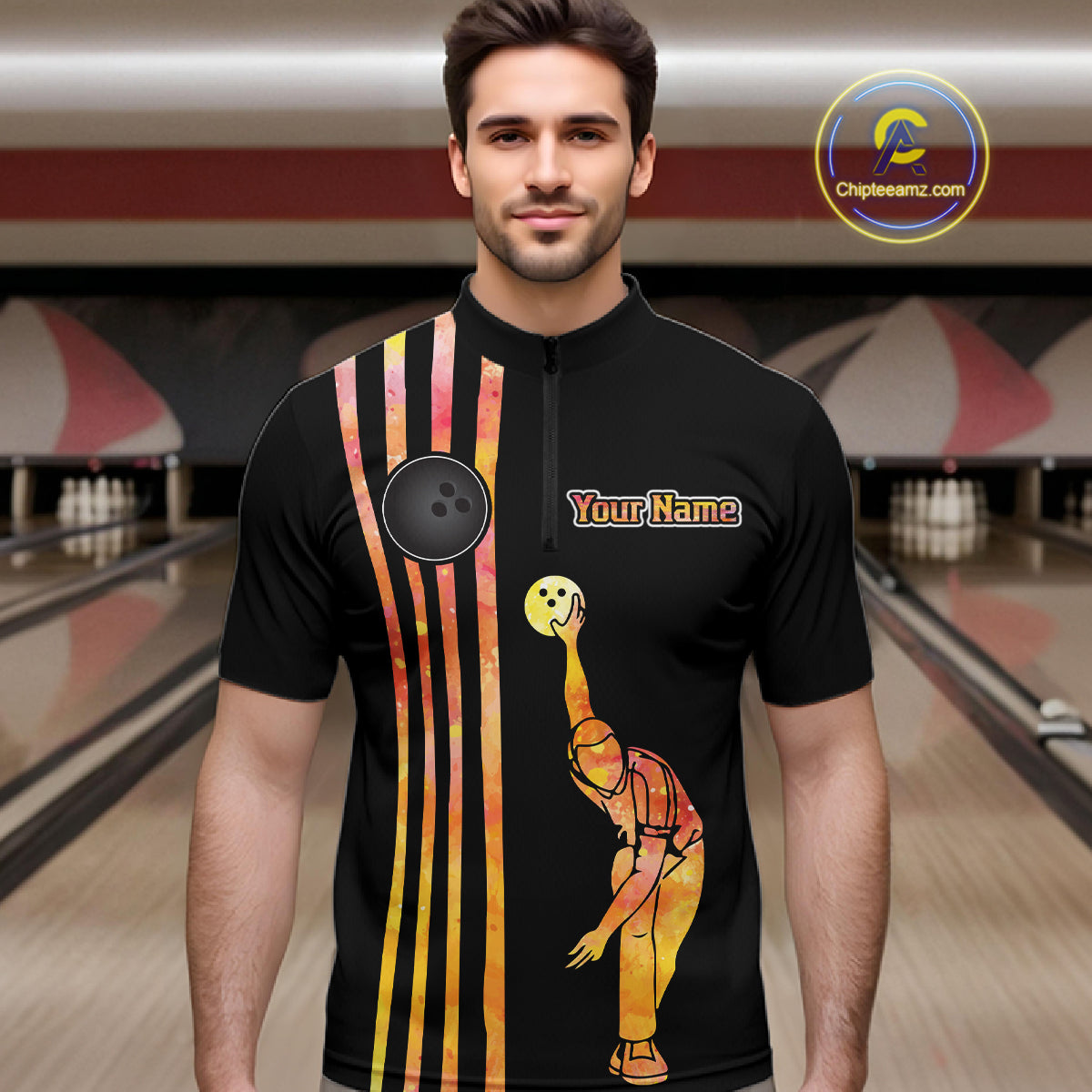 Personalized Watercolor Stripes Retro Bowling Team Shirts For Men, Black Bowling Attire For Men NQS11652