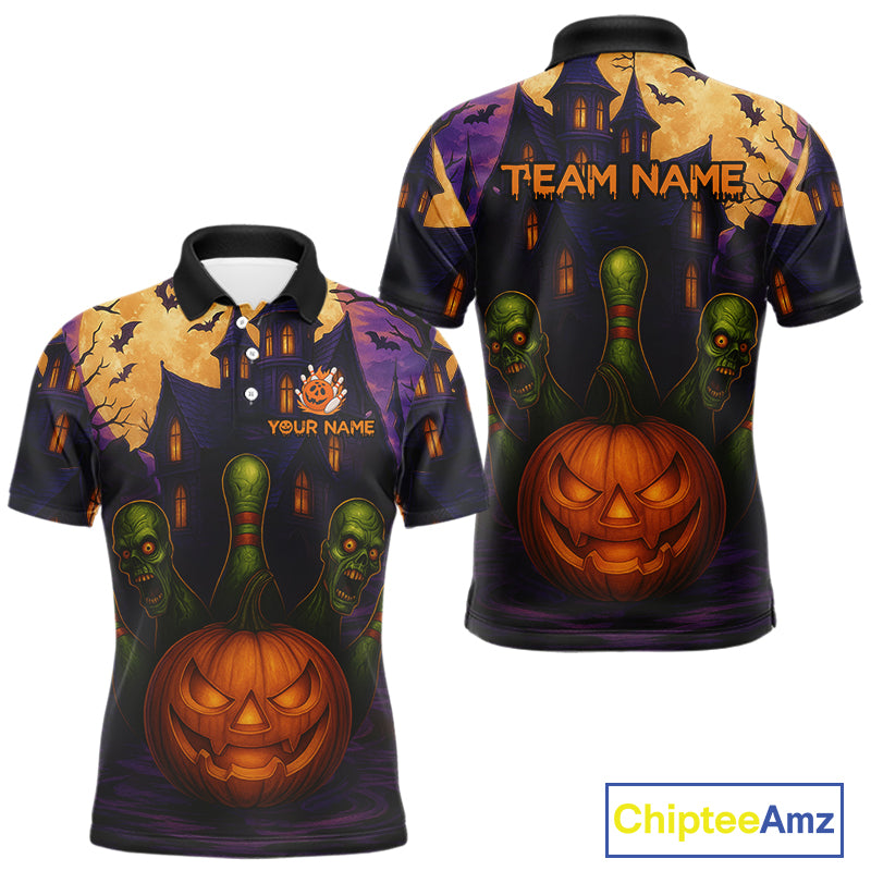 Funny Pumpkin Halloween Bowling Polo, Quarter Zip Shirts For Men Custom Bowling Team Jersey NQS10668