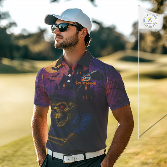 Funny Skull Halloween Golf Polo Shirts For Men Custom mens golf top, Halloween Golf Gifts NQS10669