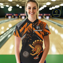 Load image into Gallery viewer, Custom Funny Turkey Bowling Jersey Black &amp; Orange Thanksgiving Bowling Team Women Polo, 1/4 Zip Shirt NQS10671