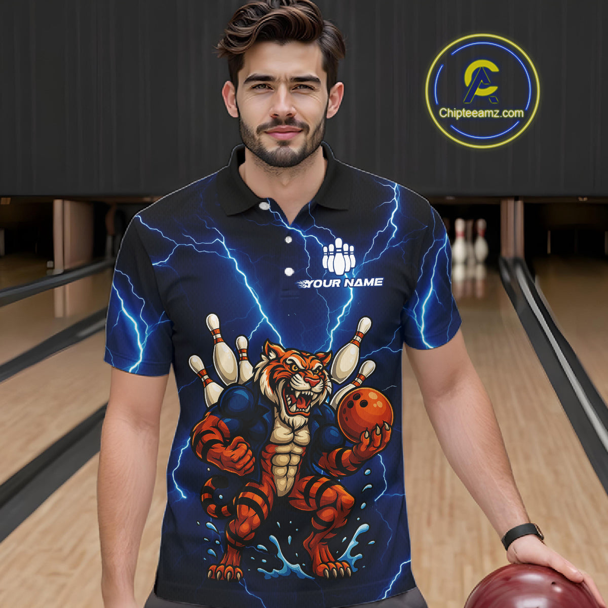 Personalized Tiger Bowling Team Shirts For Men, Blue Lightning Thunder Tiger Bowling Jerseys NQS11062