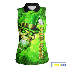Load image into Gallery viewer, Funny Skull green shamrock pattern Sleeveless Golf Polo Shirt Custom St Patrick's Day ladies golf top NQS11662