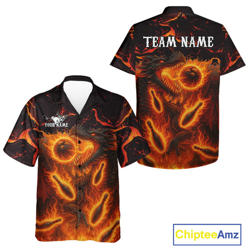 Black And Orange Flame Custom Dragon Hawaiian Bowling Jerseys, Dragon Team Bowling League Shirts NQS11071