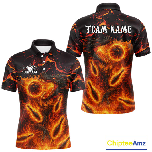 Black And Orange Flame Custom Dragon Bowling Shirts For Men, Dragon Team Bowling League Shirts NQS11071