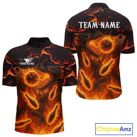 Black And Orange Flame Custom Dragon Bowling Shirts For Men, Dragon Team Bowling League Shirts NQS11071