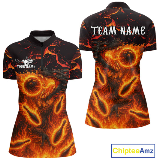 Black And Orange Flame Custom Dragon Bowling Shirts For Women, Dragon Team Bowling League Shirts NQS11071