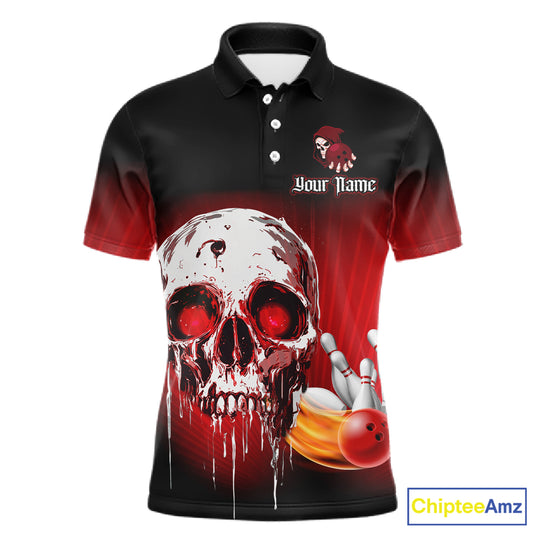 Black and Red Skull Bowling Polo, 1/4 zip shirts for Men Custom team bowling jerseys, Gift for bowler NQS11480