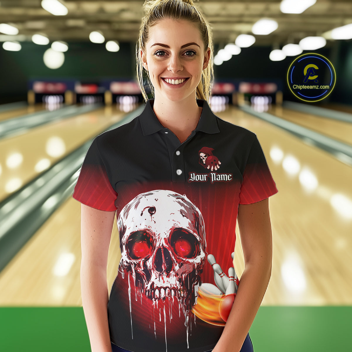 Black & Red Skull Bowling Polo, 1/4 zip shirts for Women Custom team bowling jerseys, Gift for bowler NQS11480
