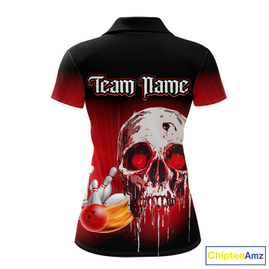Black & Red Skull Bowling Polo, 1/4 zip shirts for Women Custom team bowling jerseys, Gift for bowler NQS11480