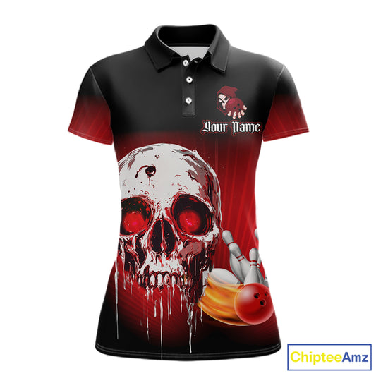 Black & Red Skull Bowling Polo, 1/4 zip shirts for Women Custom team bowling jerseys, Gift for bowler NQS11480