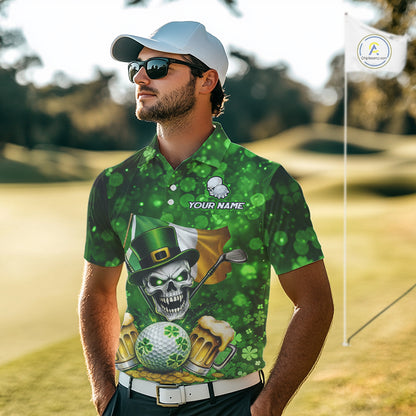Custom Funny Skull Golf and Beer Ireland Flag Green St Patrick Team Polo shirts for Men, golfing gift NQS11485
