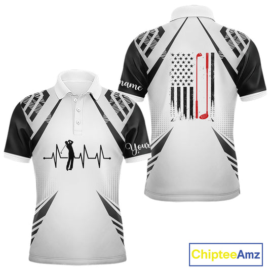 Black & White Golf Heartbeat American Flag Golf Polo Shirts for Men Custom Patriotic mens golf attire NQS11754