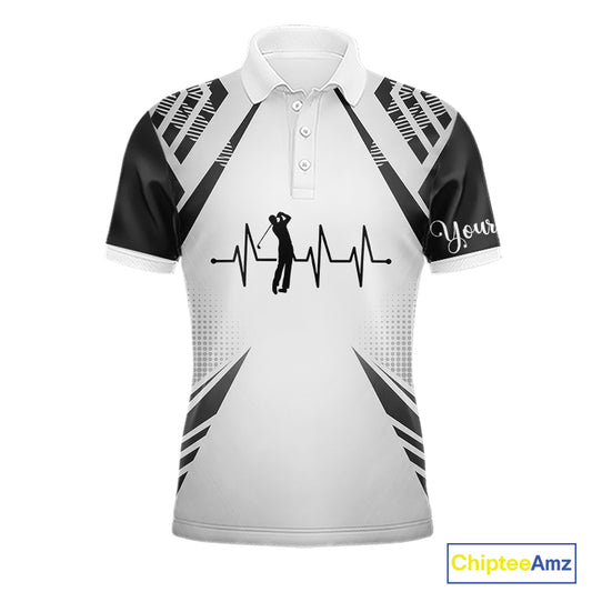 Black & White Golf Heartbeat American Flag Golf Polo Shirts for Men Custom Patriotic mens golf attire NQS11754