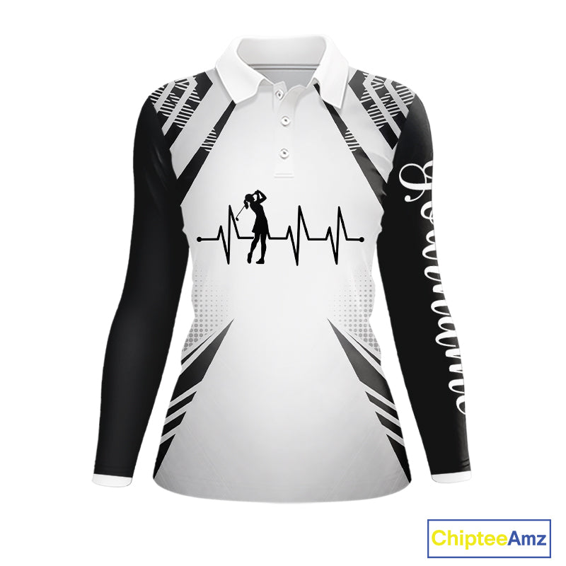 Black & White Golf Heartbeat US Flag Golf Polo Shirts for Women Custom Patriotic ladies golf attire NQS11754