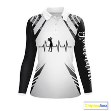 Load image into Gallery viewer, Black &amp; White Golf Heartbeat US Flag Golf Polo Shirts for Women Custom Patriotic ladies golf attire NQS11754