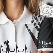 Load image into Gallery viewer, Black &amp; White Golf Heartbeat US Flag Golf Polo Shirts for Women Custom Patriotic ladies golf attire NQS11754