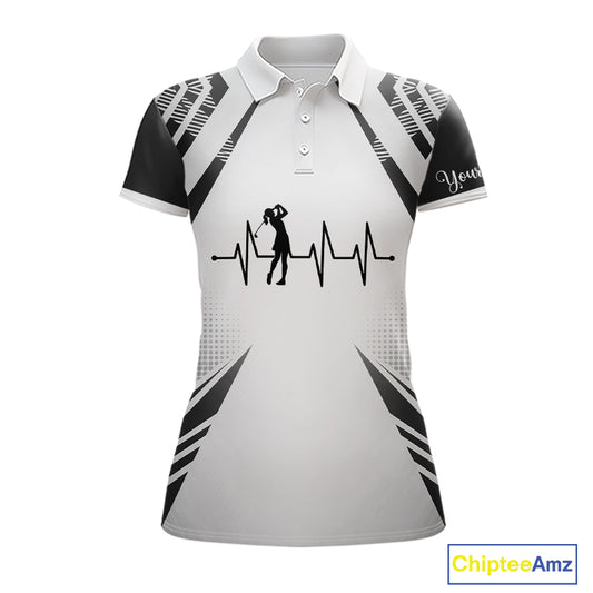 Black & White Golf Heartbeat US Flag Golf Polo Shirts for Women Custom Patriotic ladies golf attire NQS11754