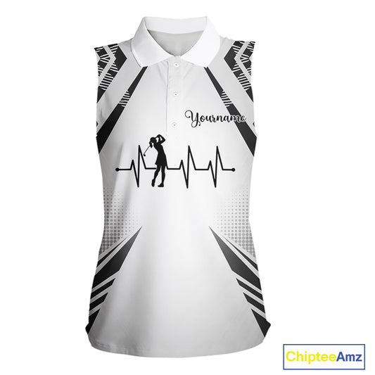 Black & White Golf Heartbeat US Flag Sleeveless Golf Polo Shirt Custom Patriotic ladies golf attire NQS11754