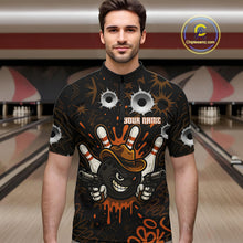 Load image into Gallery viewer, Funny Black and Orange Bowling Cowboy gun Men bowling polo, 1/4 zip shirts Custom bowling team jersey NQS10688
