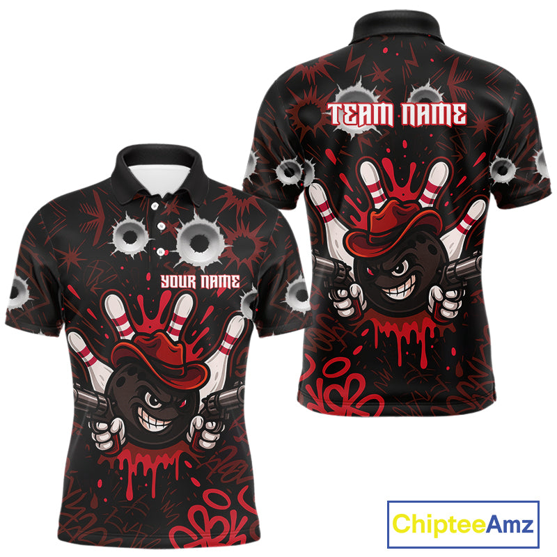 Funny Black and Red Bowling Cowboy gun Men bowling polo, 1/4 zip shirts Custom bowling team jersey NQS10690