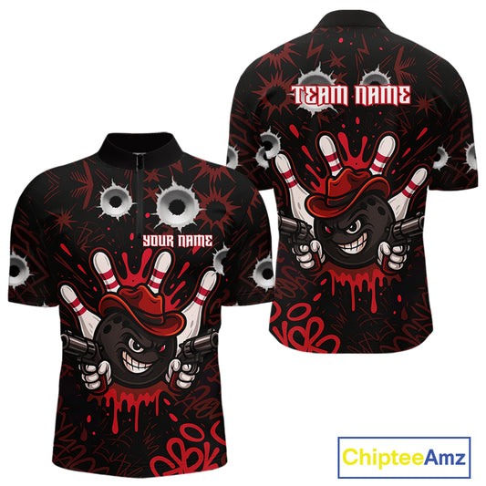 Funny Black and Red Bowling Cowboy gun Men bowling polo, 1/4 zip shirts Custom bowling team jersey NQS10690