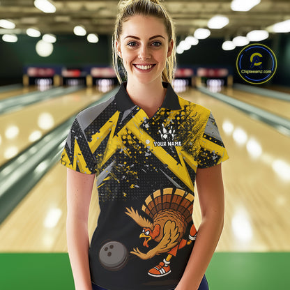 Custom Funny Turkey Bowling Jersey Black & Yellow Thanksgiving Bowling Team Women Polo, 1/4 Zip Shirt NQS10900
