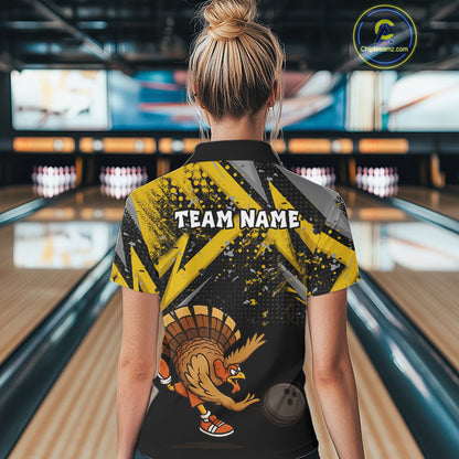 Custom Funny Turkey Bowling Jersey Black & Yellow Thanksgiving Bowling Team Women Polo, 1/4 Zip Shirt NQS10900