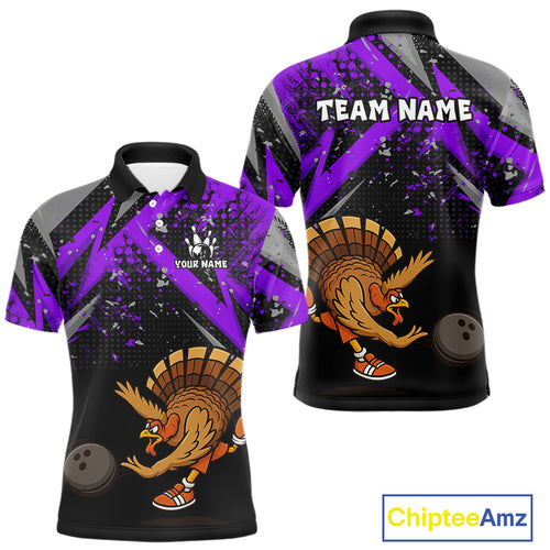 Custom Funny Turkey Bowling Jersey Black and Purple Thanksgiving Bowling Team Men Polo, 1/4 Zip Shirt NQS10901