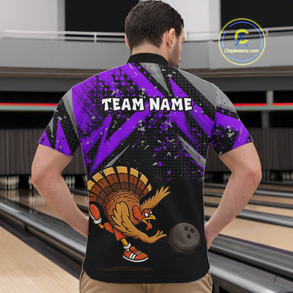 Custom Funny Turkey Bowling Jersey Black and Purple Thanksgiving Bowling Team Men Polo, 1/4 Zip Shirt NQS10901