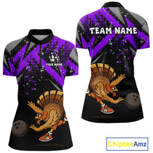 Load image into Gallery viewer, Custom Funny Turkey Bowling Jersey Black &amp; Purple Thanksgiving Bowling Team Women Polo, 1/4 Zip Shirt NQS10901