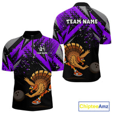Load image into Gallery viewer, Custom Funny Turkey Bowling Jersey Black and Purple Thanksgiving Bowling Team Men Polo, 1/4 Zip Shirt NQS10901