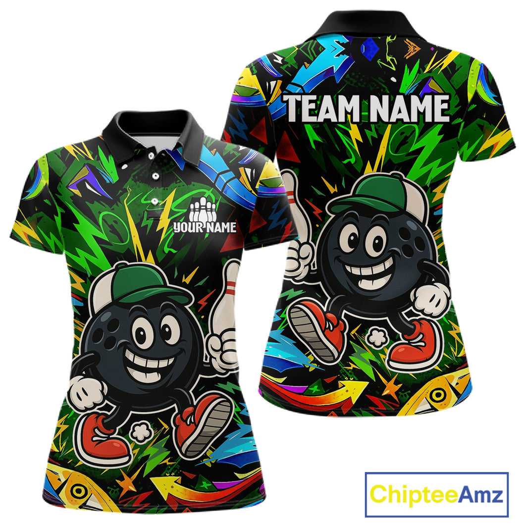 Green graffiti pattern Funny Bowling polo, quarter zip shirts for women custom Bowling team jerseys NQS11079