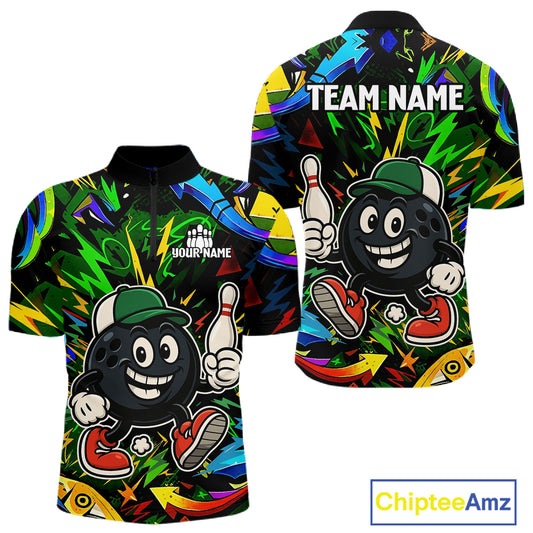Green graffiti pattern Funny Bowling polo, quarter zip shirts for men custom Bowling team jerseys NQS11079