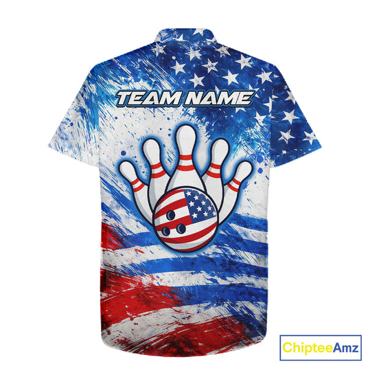 Red, White & Blue American Flag Bowling Hawaiian Shirt Custom patriotic Team Bowling Button-up shirt NQS11505